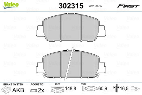 Obrázok Sada brzdových platničiek kotúčovej brzdy VALEO FIRST 302315