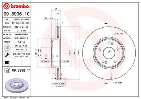 Obrázok Brzdový kotúč BREMBO 09.8936.10