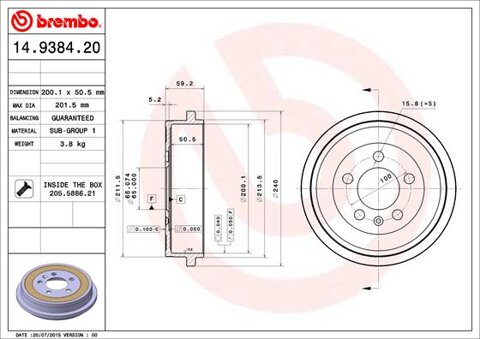 Obrázok Brzdový bubon BREMBO 14.9384.20